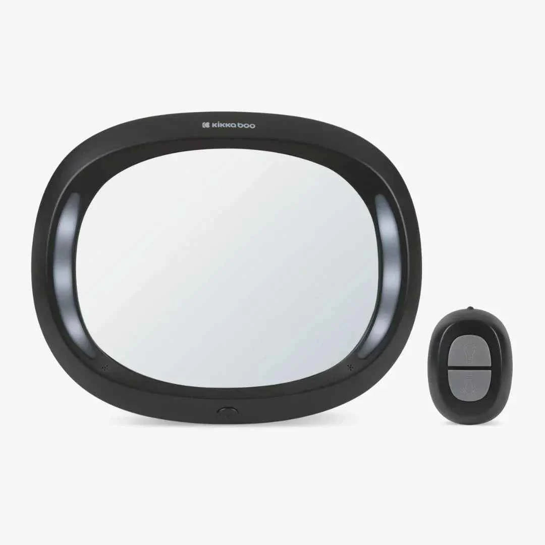 LED rearview car mirror with remote button, black oval frame and small control puck