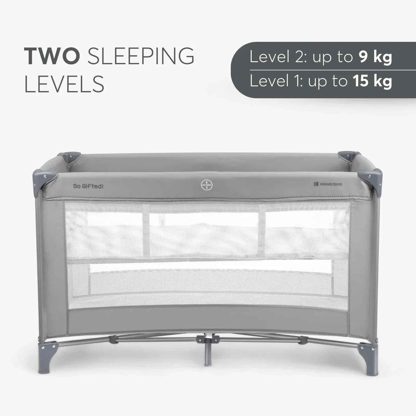 Grey 2-level baby cot front view with mesh panels and adjustable bars