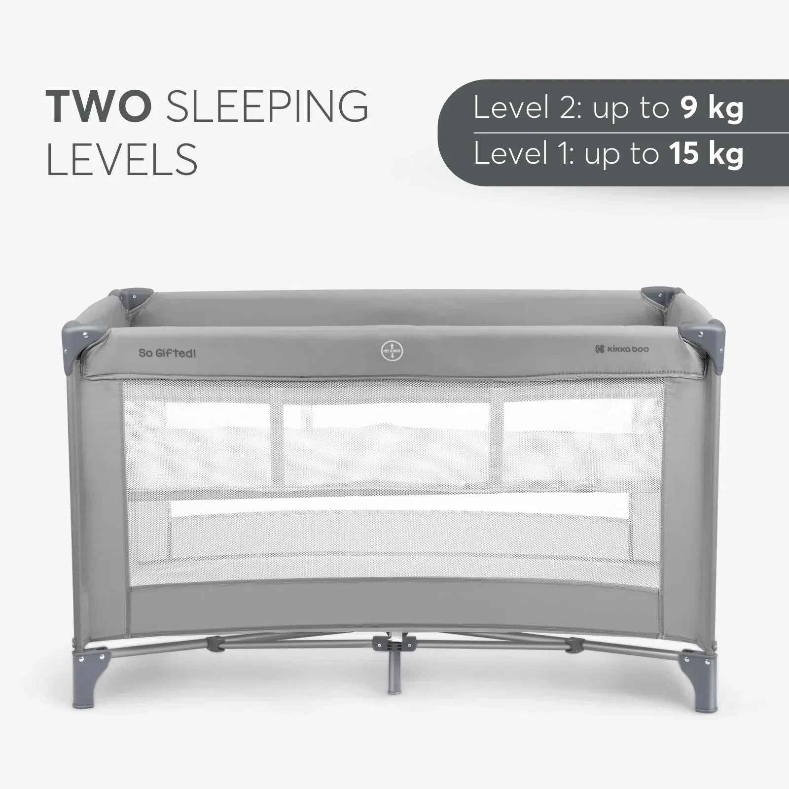 Grey 2-level baby cot front view with mesh panels and adjustable bars