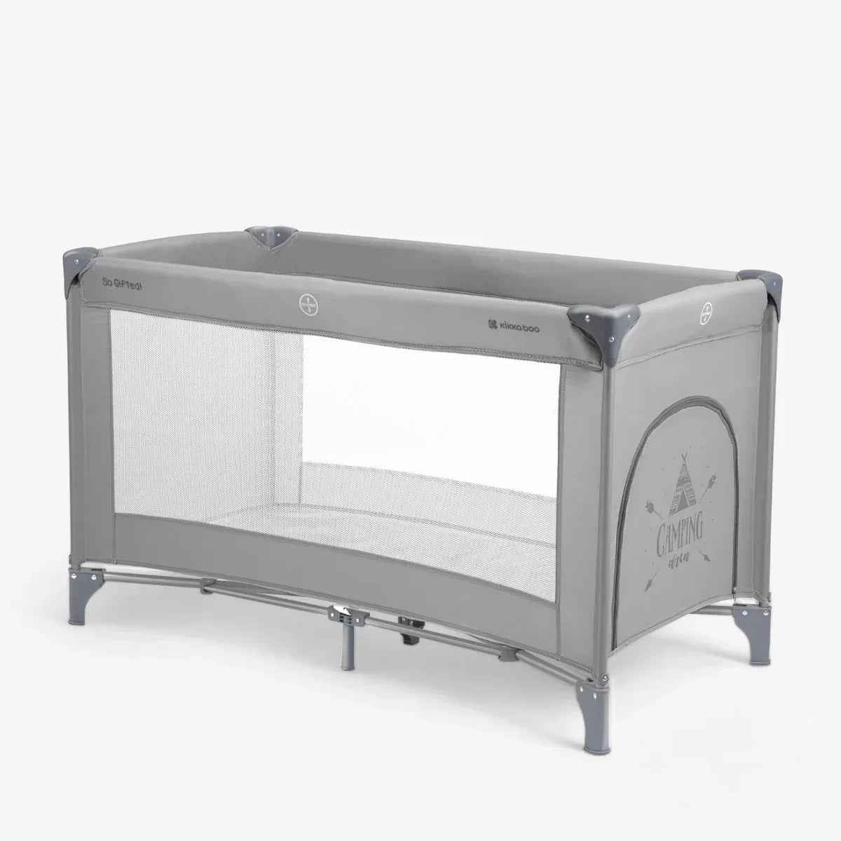 Grey 2-level baby cot with mesh side panels and low curved legs