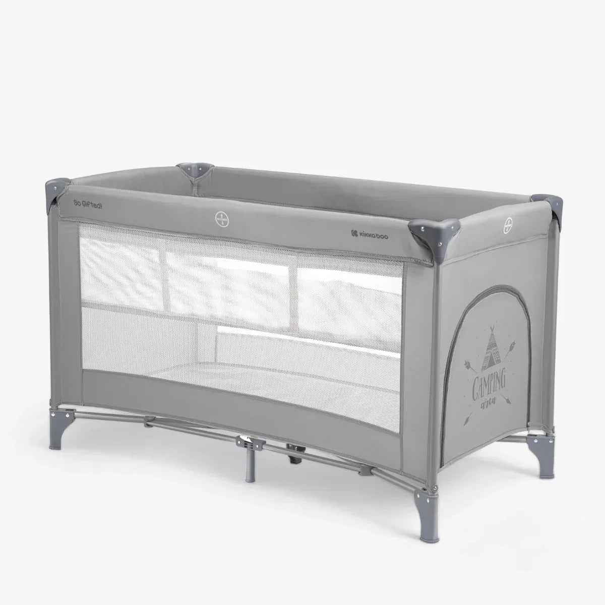 Grey 2-level baby cot with open mesh sides and padded top rail