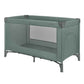 Green baby cot with mesh side walls and window panel on the front