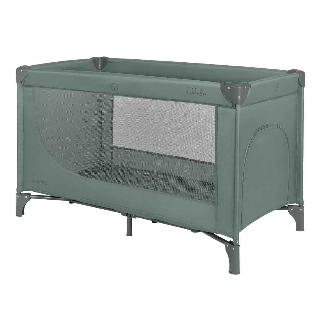 Green baby cot with mesh side walls and window panel on the front