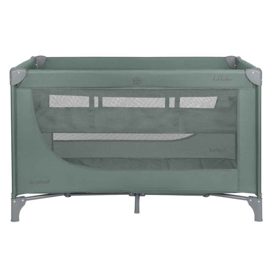 Green baby cot front view with mesh upper section and fabric inner panel
