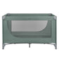 Green baby cot front with large mesh window and curved fabric insert
