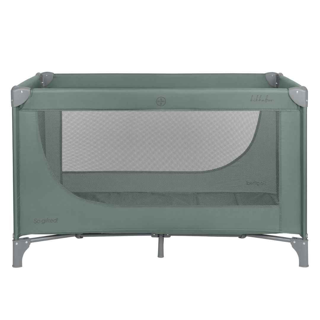 Green baby cot front with large mesh window and curved fabric insert
