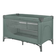 Green baby cot with mesh side panels and fabric top rail