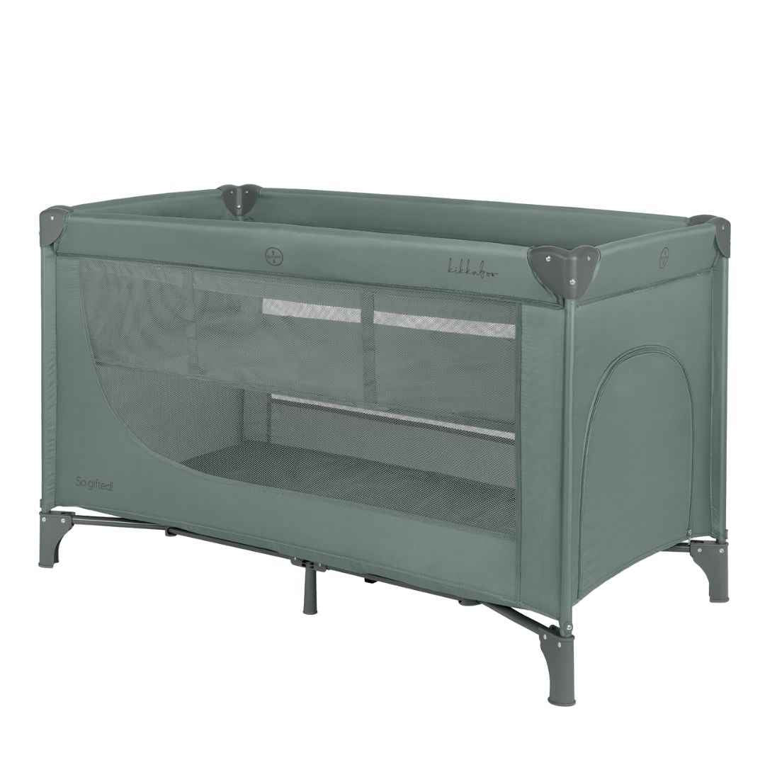 Green baby cot with mesh side panels and fabric top rail