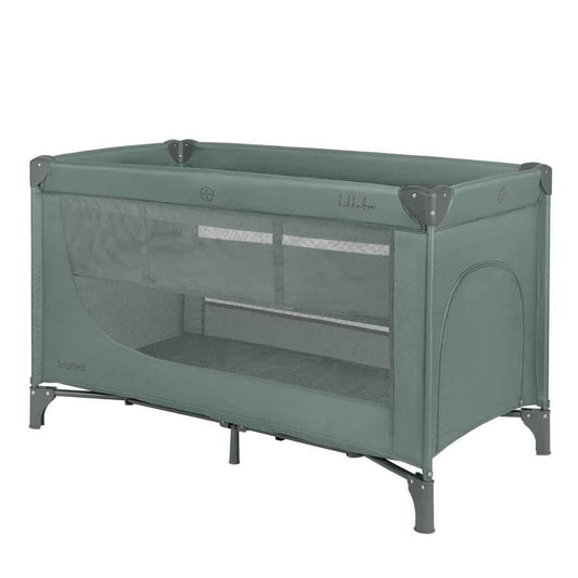 Green baby cot with mesh side panels and fabric top rail