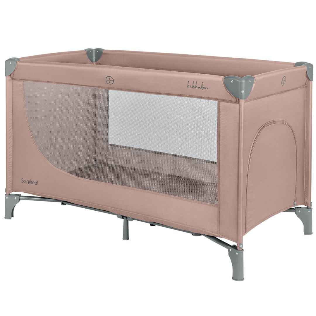 Pink 2-level baby cot with mesh window and fabric panel, gray stabilizer feet