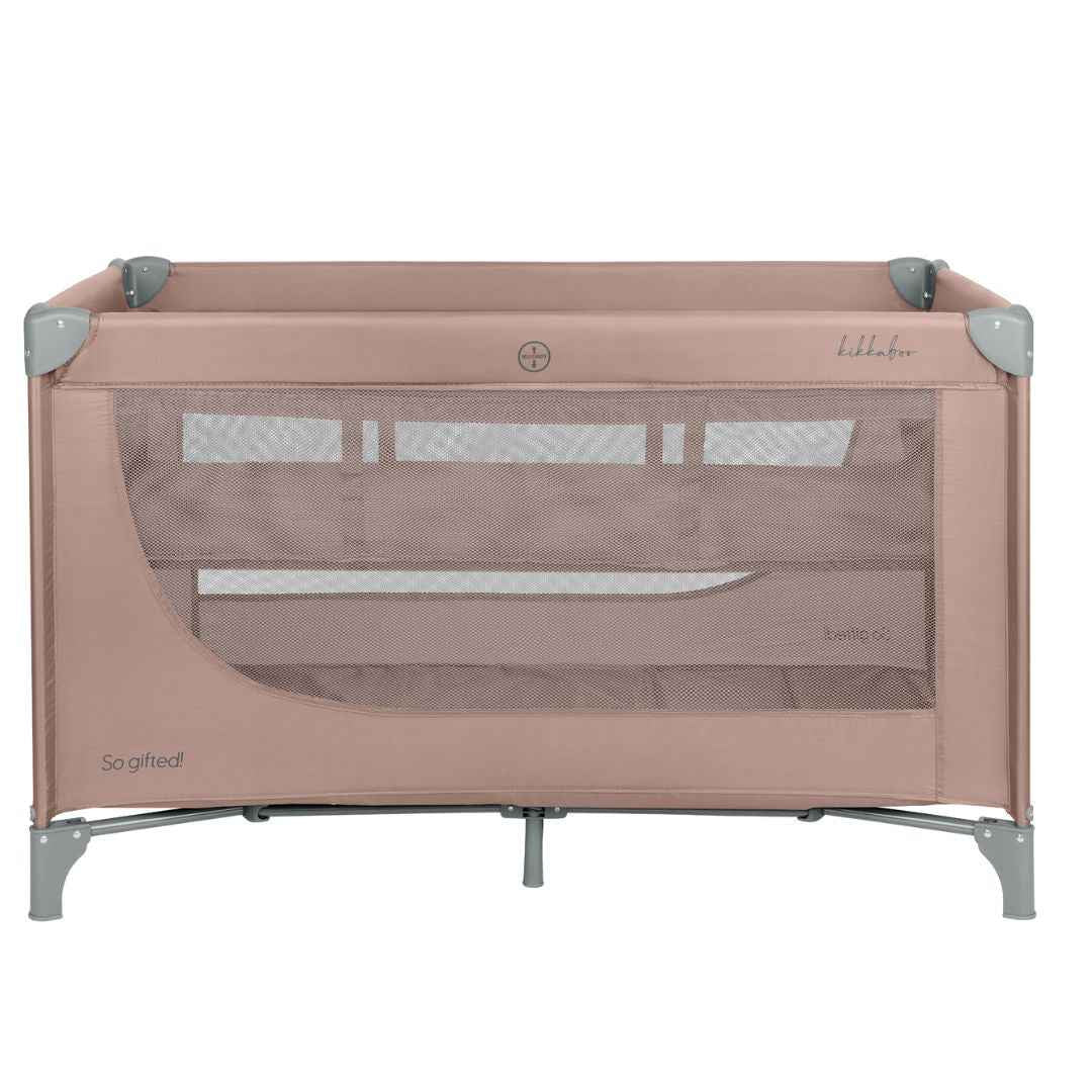 Pink 2-level baby cot with open mesh side, padded top rail and gray legs