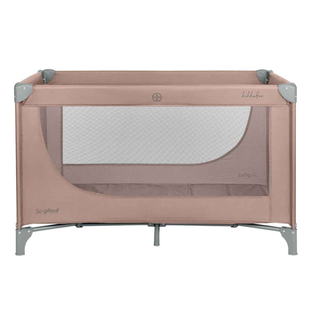 Pink 2-level baby cot front panel with arched mesh window and gray legs