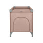 Pink 2-level baby cot end panel with arched padded opening, gray corner feet