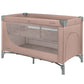 Pink 2-level baby cot with mesh sides and padded rails, gray feet