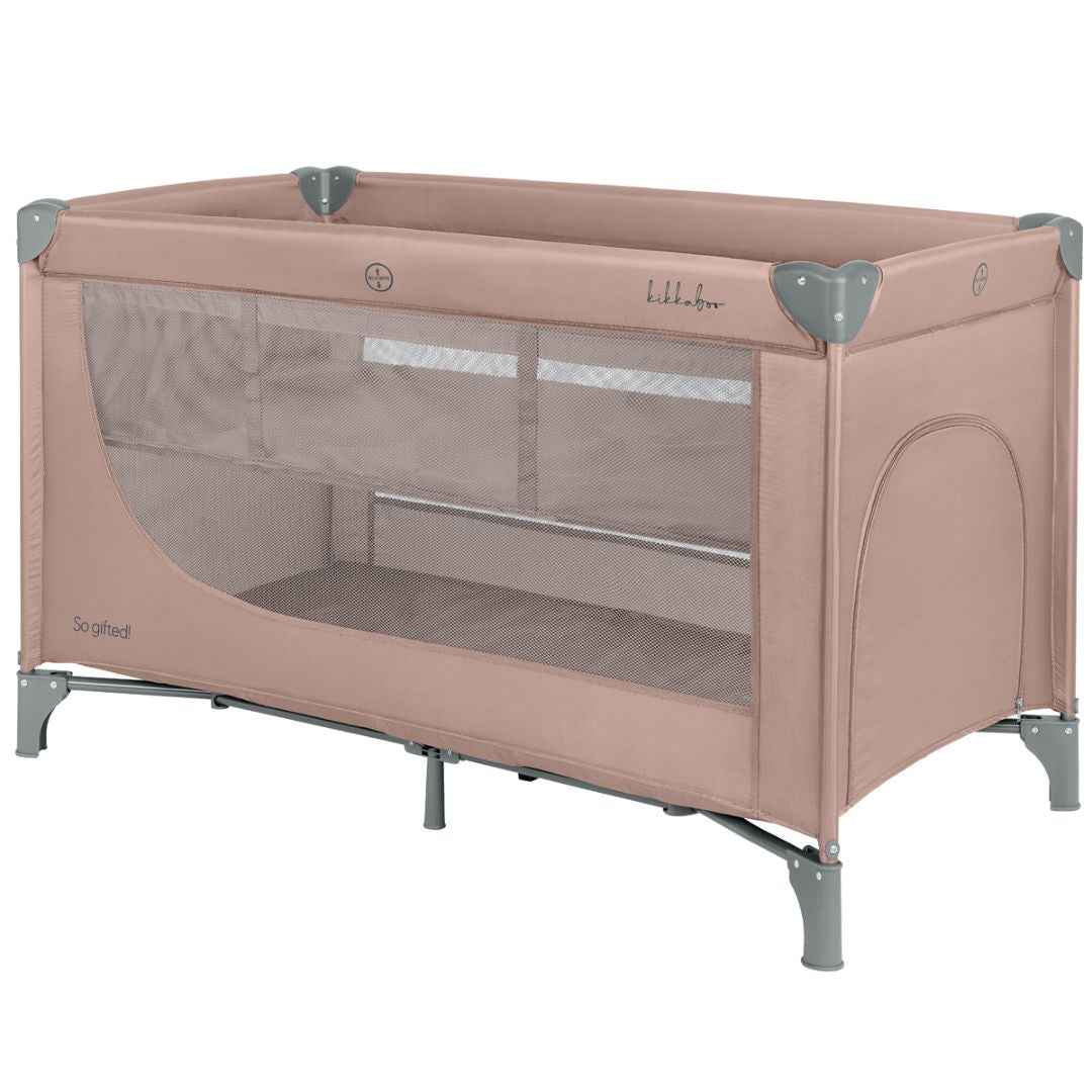 Pink 2-level baby cot with mesh sides and padded rails, gray feet