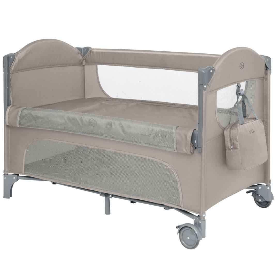Beige two-level baby cot with two-level fabric mattress pads and mesh windows