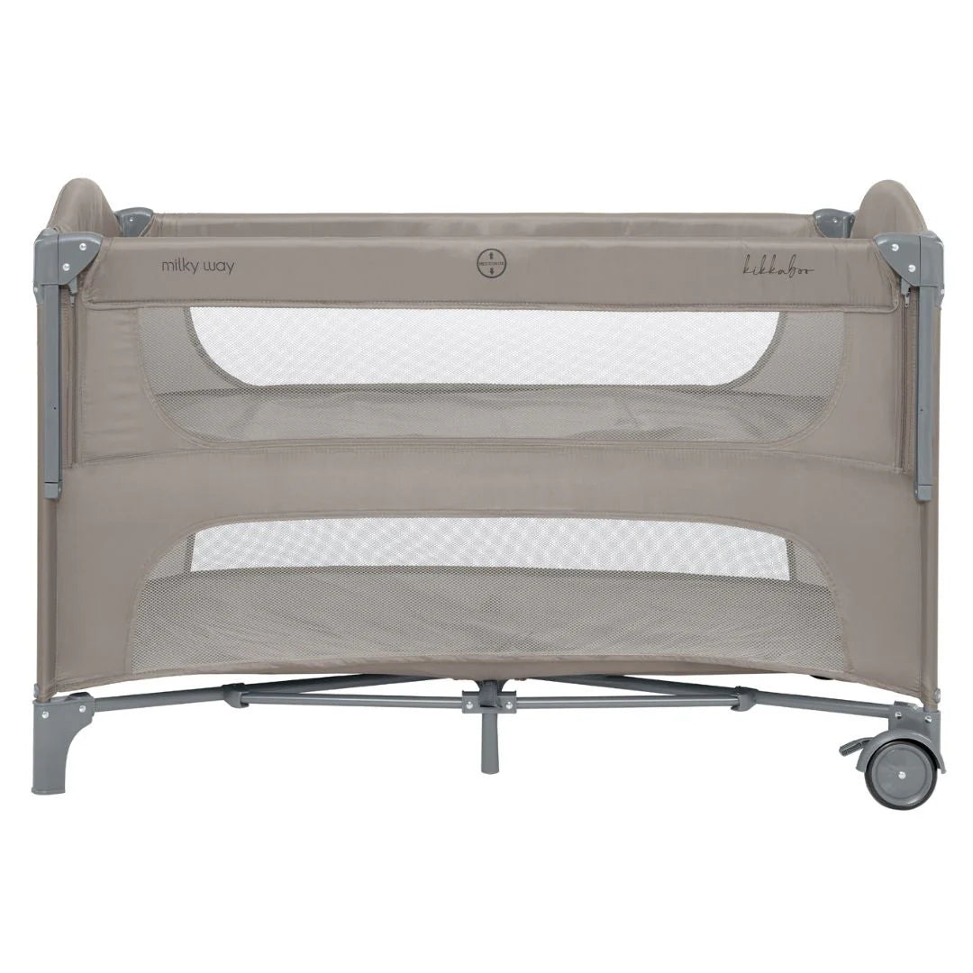 Beige two-level baby cot with mesh and fabric panels, standing on caster wheels