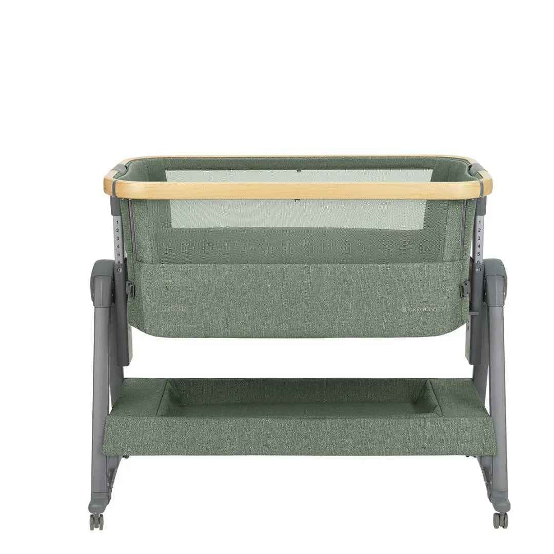 Army green bedside crib front view with white mesh insert and wooden edge trim