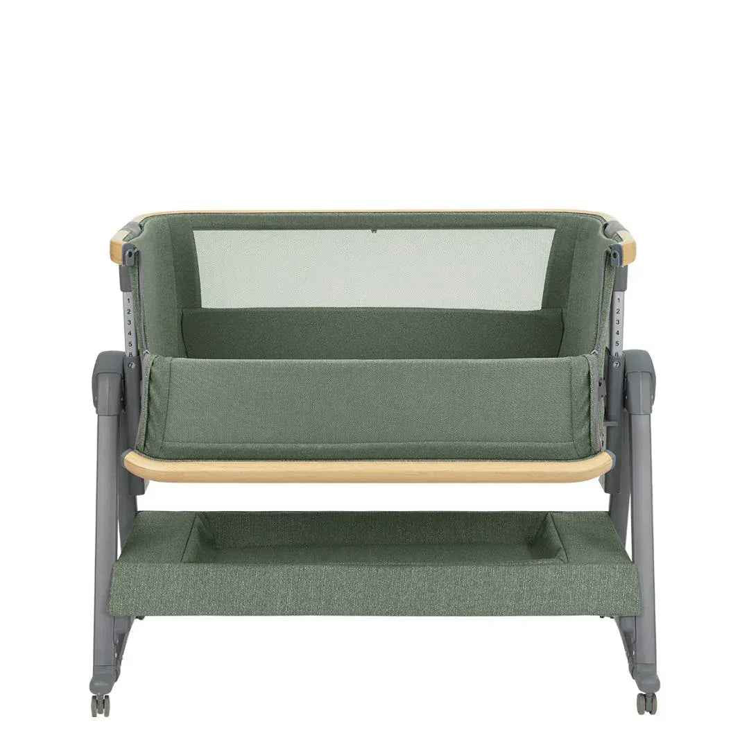 Army green bedside crib with raised front panel, white mesh window, and wooden base rail
