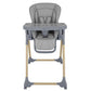 Dark grey high chair front view with padded insert and wide tray arm
