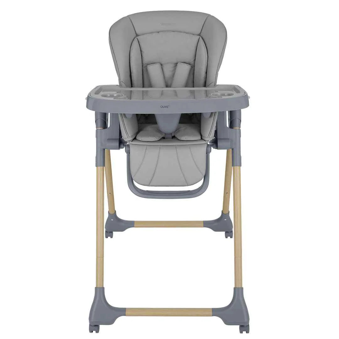 Dark grey high chair front view with padded insert and wide tray arm