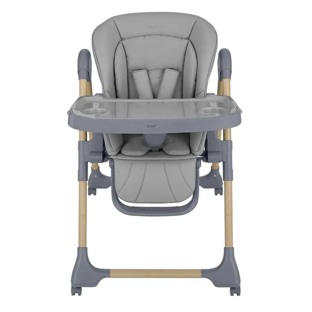 Dark grey high chair front view with removable tray and front safety bar