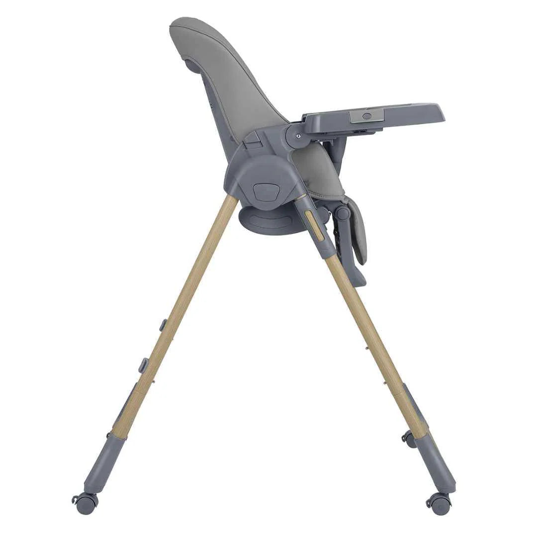 Dark grey high chair side view with wide backrest and height-adjust frame