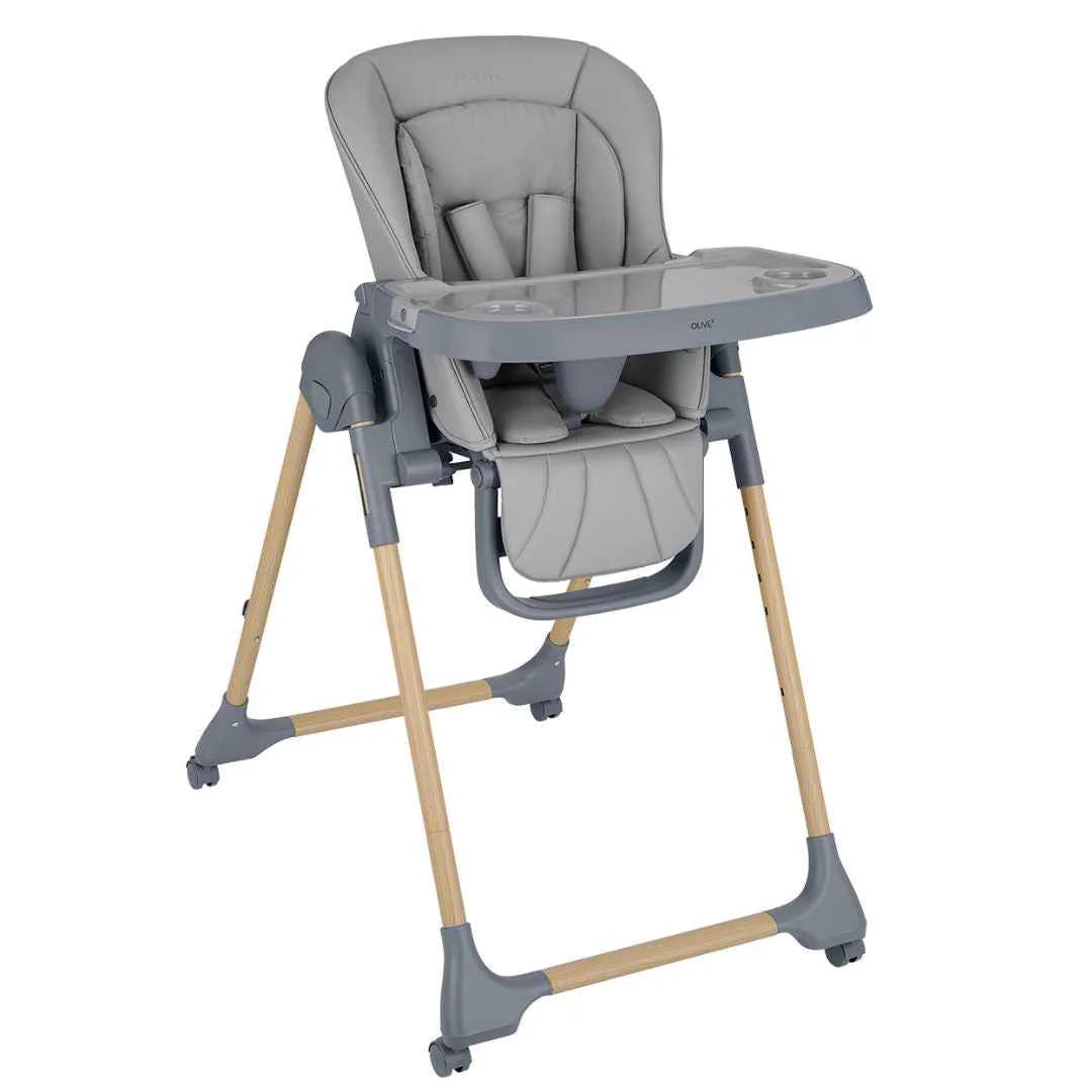 Dark grey high chair with padded seat and adjustable harness straps