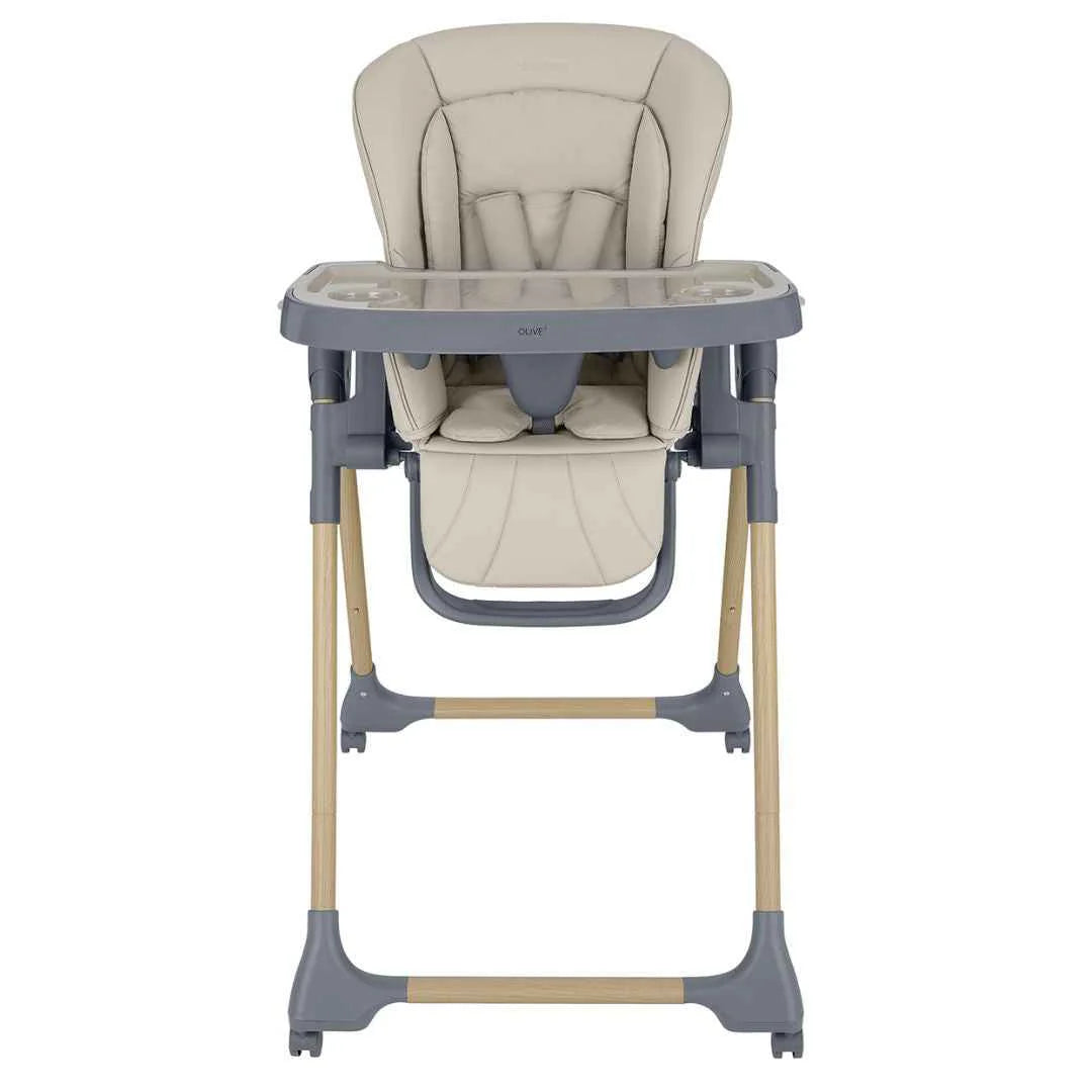 Beige high chair with padded back and seat, blue base, safety bar and tray