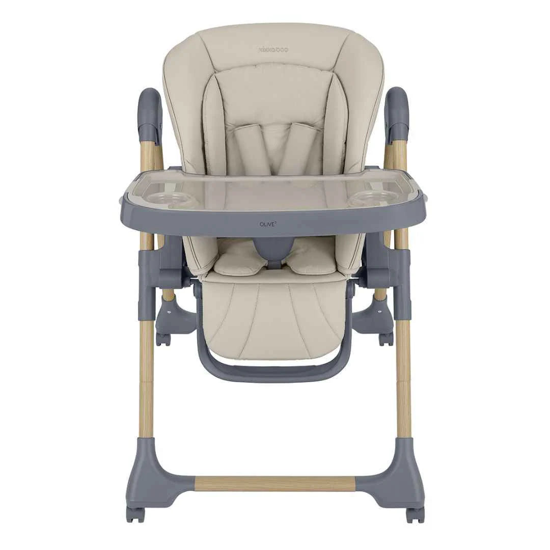 Beige high chair front view with clear tray, padded inserts, and blue leg frame