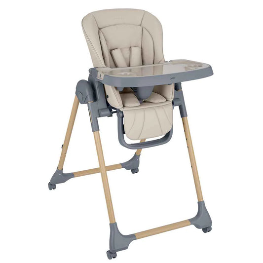 Beige high chair with padded seat, reclining back, tray, and light wood legs