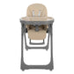 Beige high chair with round tray, padded seat insert, and gray legs