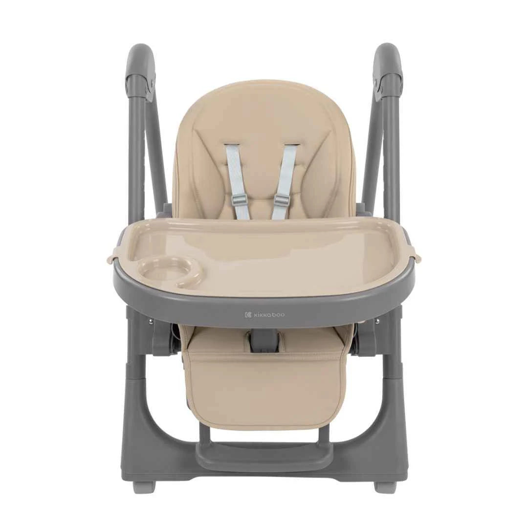Beige high chair with full seat pad, harness straps, and overhead armrests