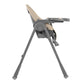 Beige high chair with adjustable tray, padded seat, and folding gray legs