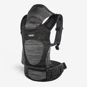 Black knit baby carrier with hood and adjustable shoulder straps