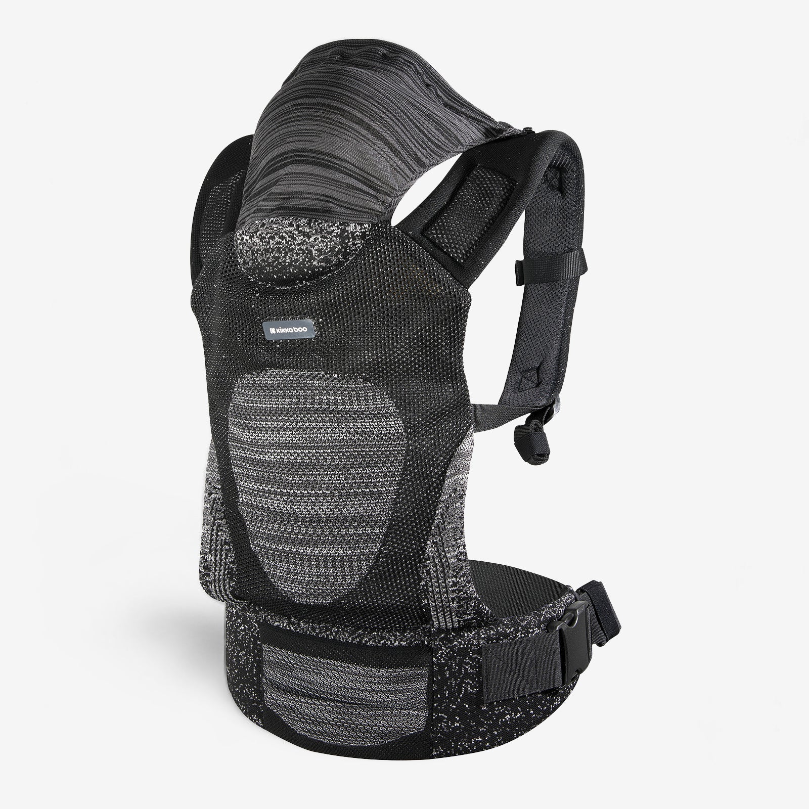 Black knit baby carrier with hood and adjustable shoulder straps