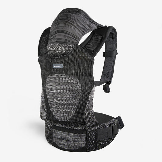Black knit baby carrier with hood and adjustable shoulder straps