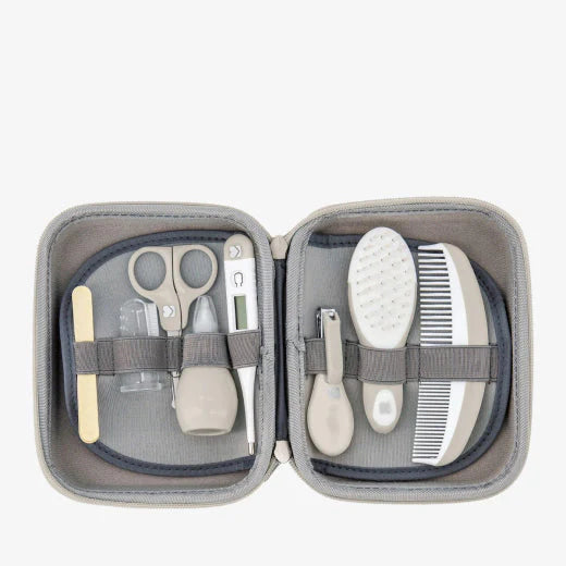 8-piece baby grooming kit in gray zip pouch with comb, brush, nail tools and clippers