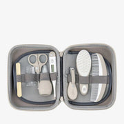 8-piece baby grooming kit in gray zip pouch with comb, brush, nail tools and clippers