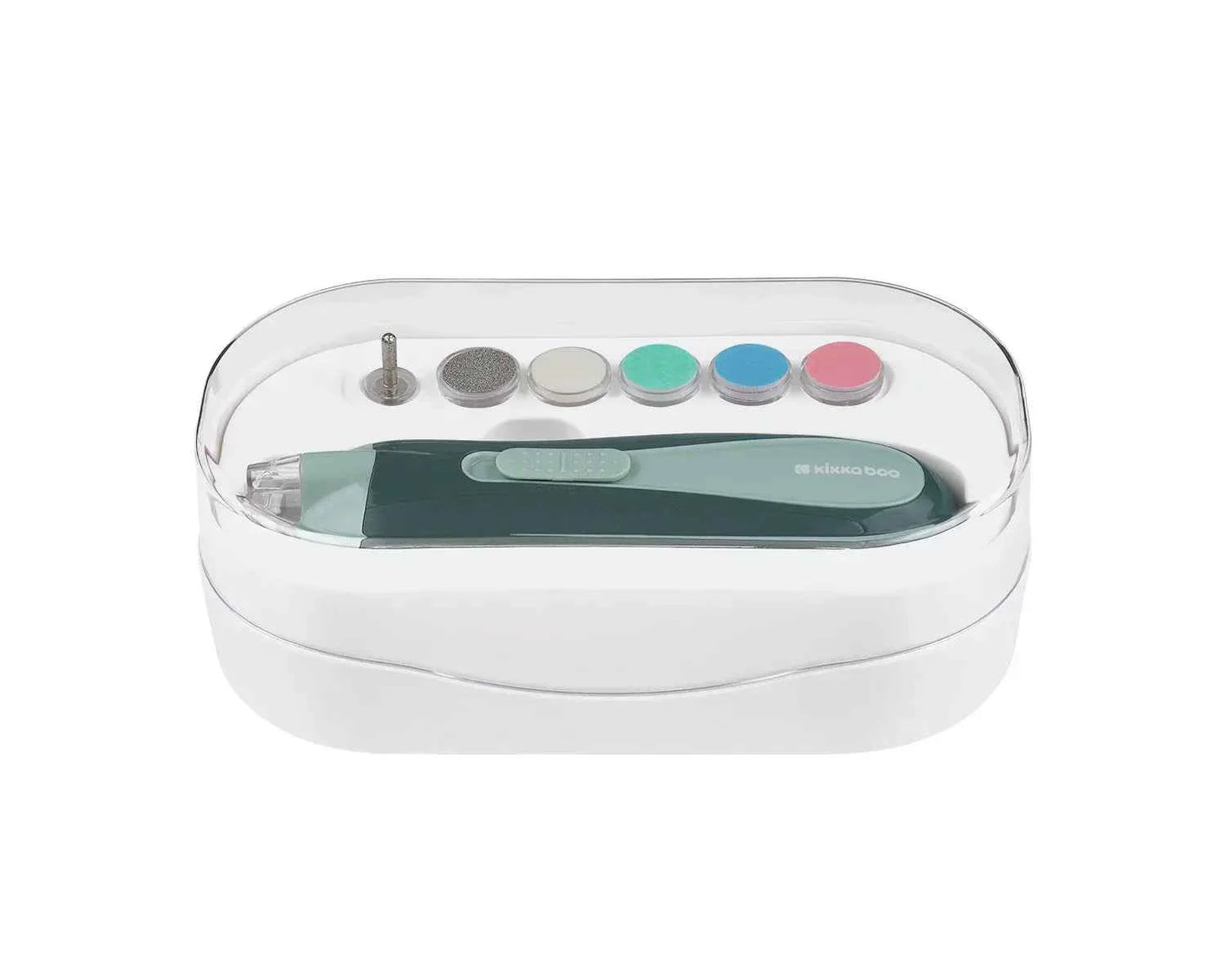 Electric baby nail file case, clear lid showing teal base and colored sanding heads