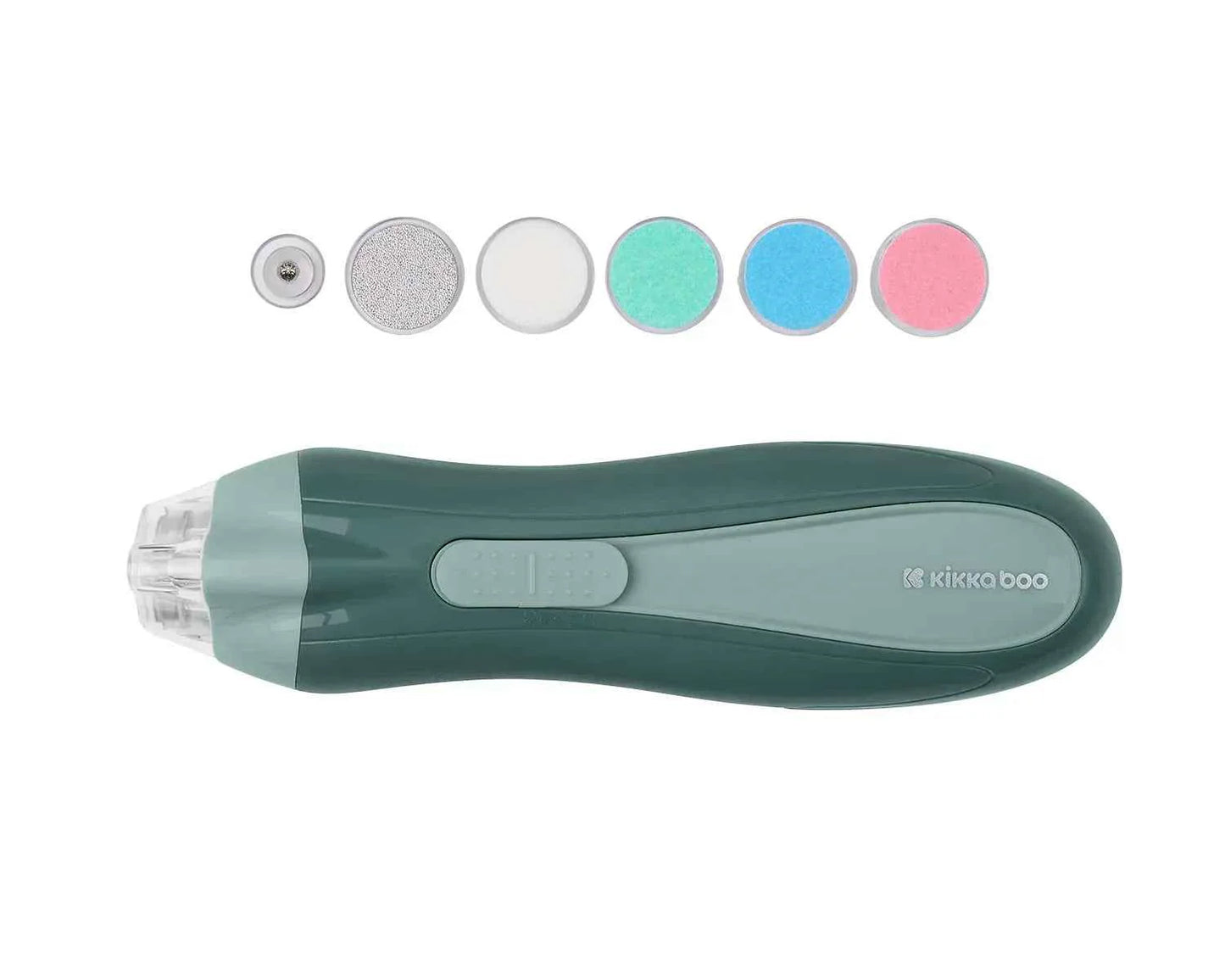 Electric baby nail file, teal-green handle with sanding discs and circular pad