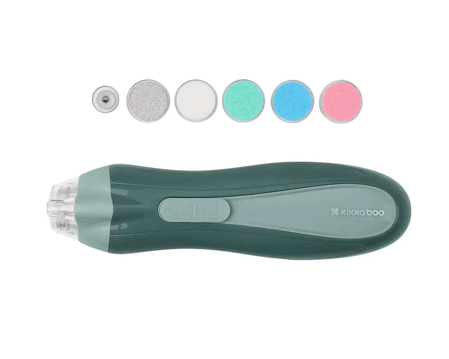 Electric baby nail file, teal-green handle with sanding discs and circular pad