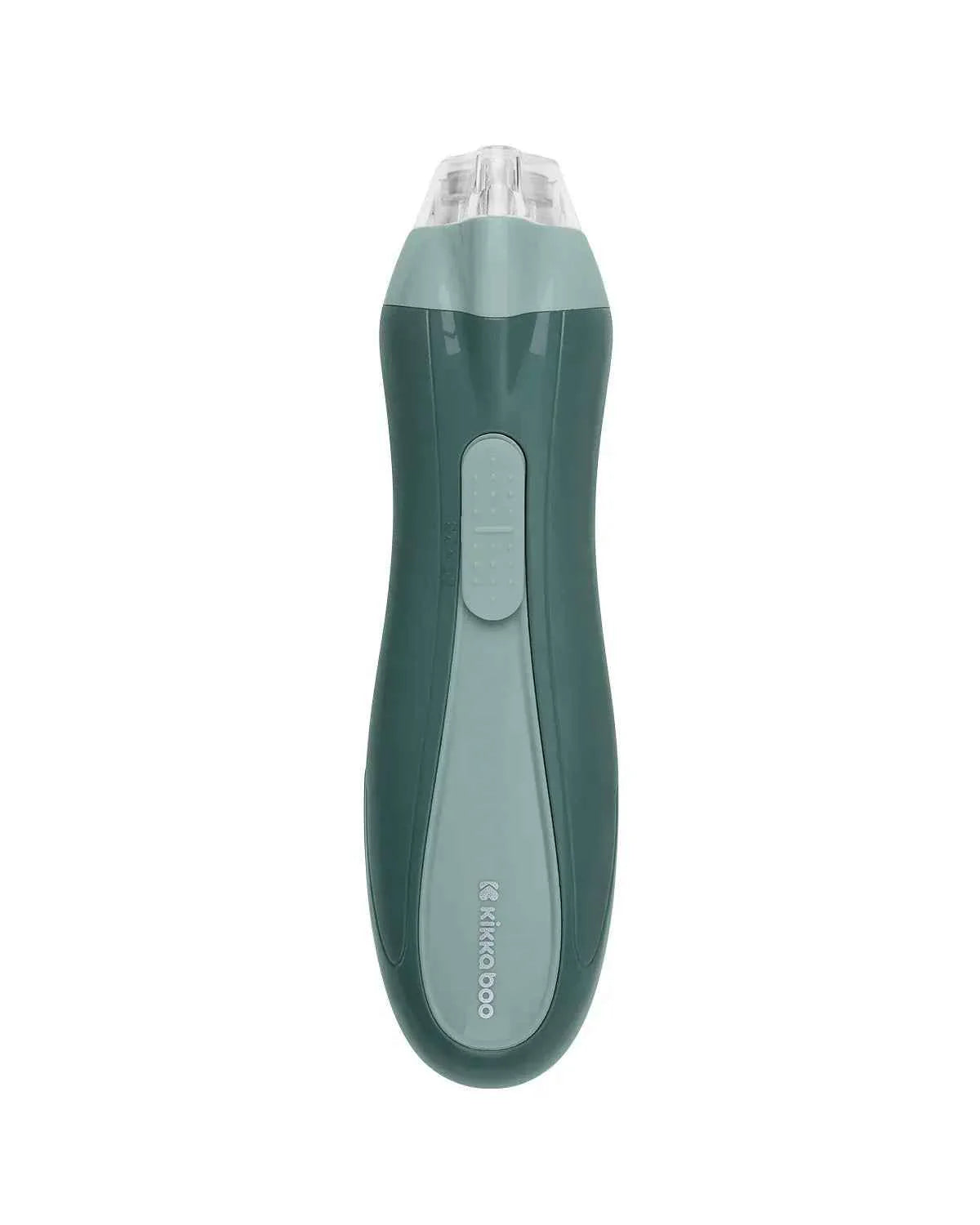 Electric baby nail file, teal-green handheld with clear cap and rectangular button