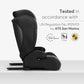 Black i-SIZE car seat side view with headrest and base, visible ISOFIX rails