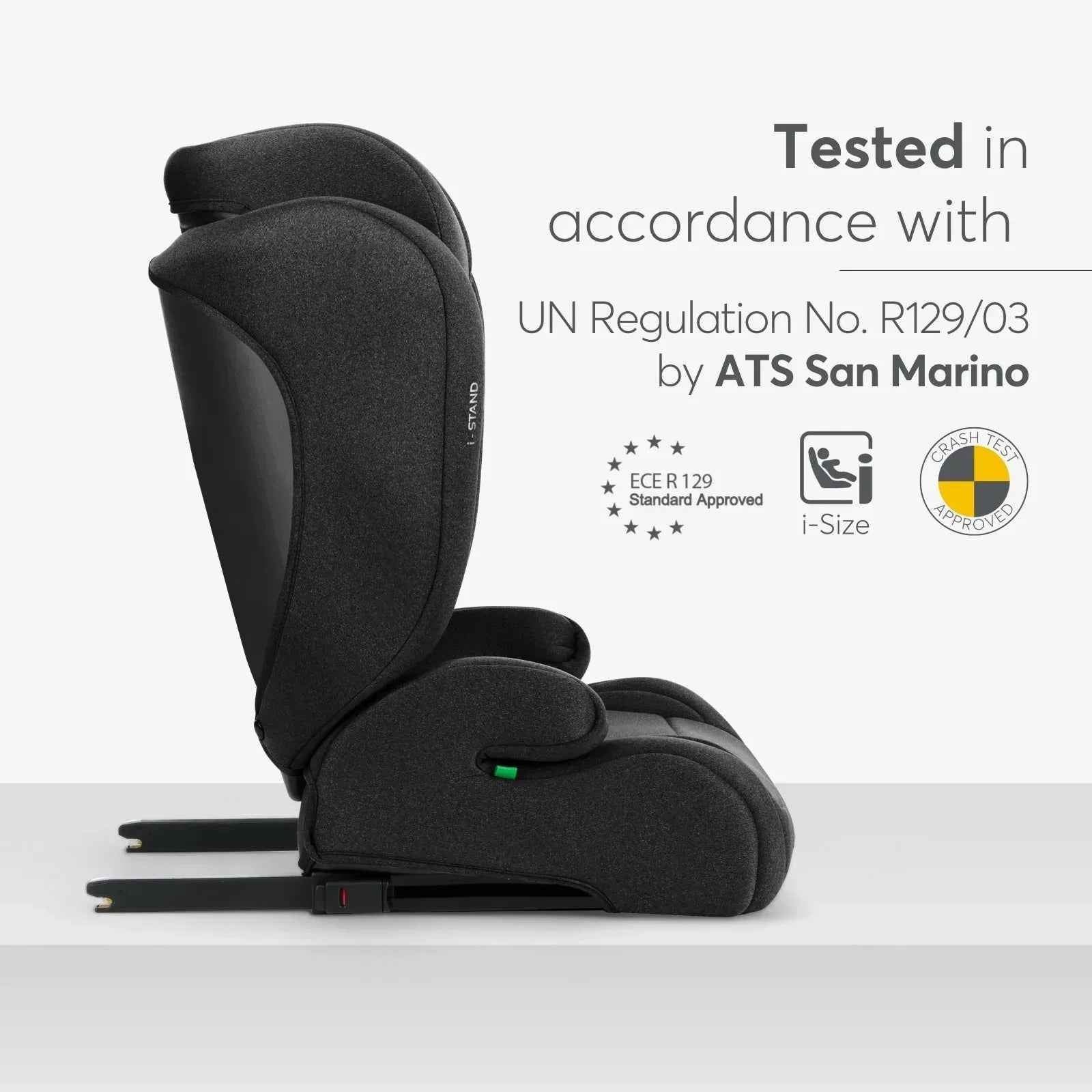 Black i-SIZE car seat side view with headrest and base, visible ISOFIX rails