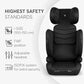 Black i-SIZE car seat front view with adjustable headrest and thick side bolsters