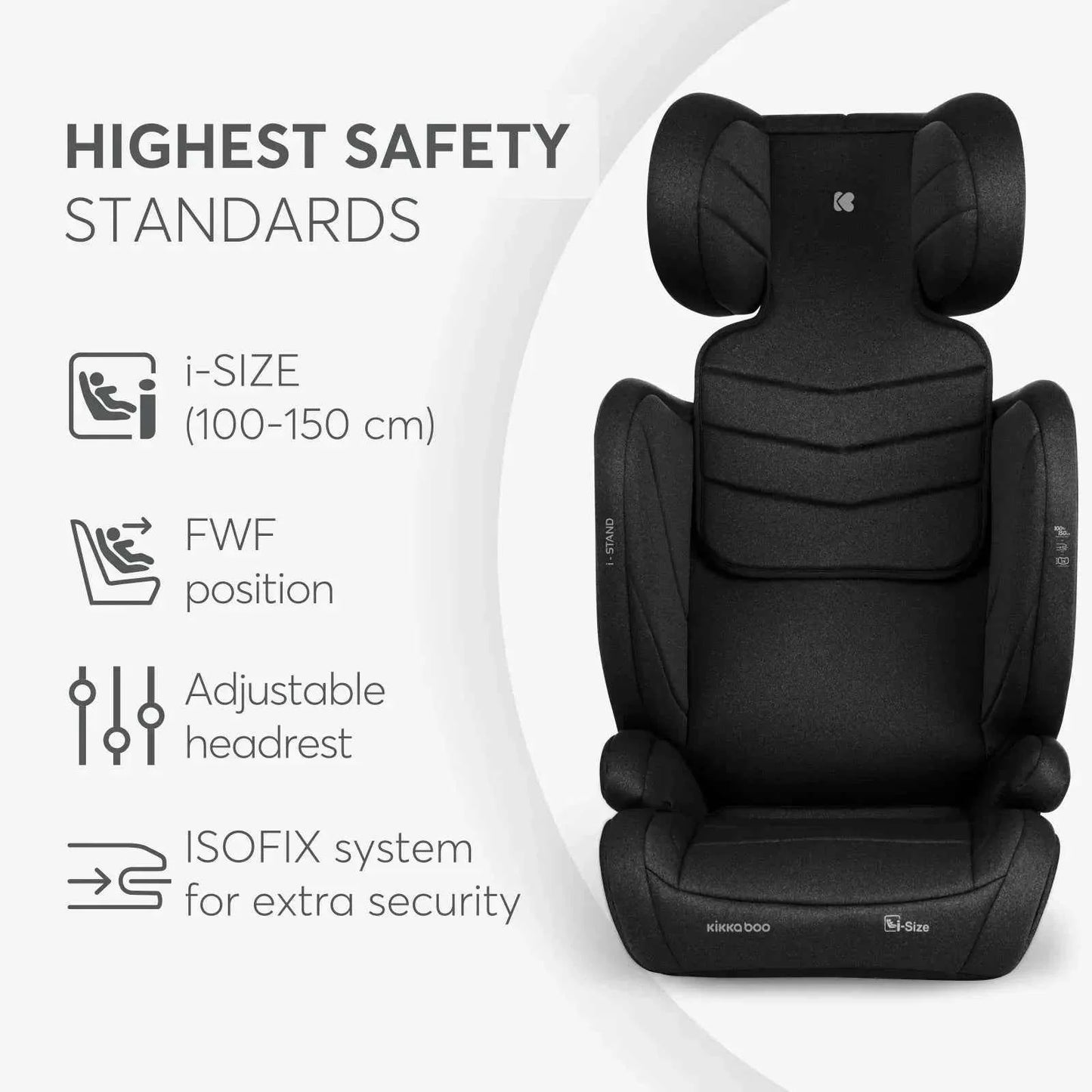 Black i-SIZE car seat front view with adjustable headrest and thick side bolsters
