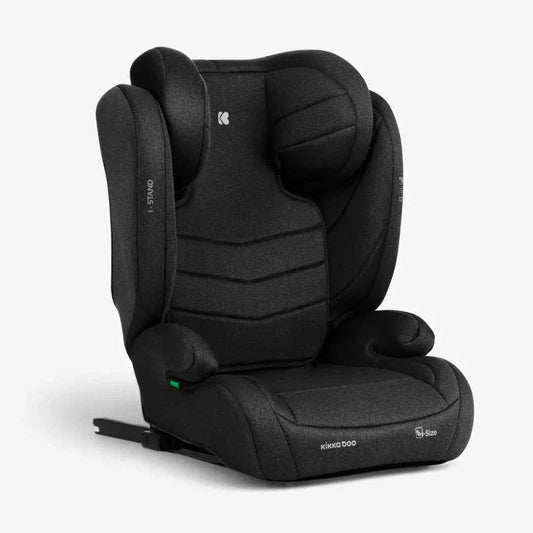 Black i-SIZE car seat with padded headrests and side supports, forward-facing
