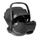 Car seat infant carrier with dark fabric shell and carry handle, front three-quarter view
