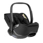 Car seat infant carrier with dark padded insert and carry handle, side view